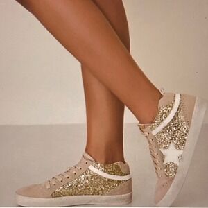 Mi.iM Daisy Light Gold (Pink Star) Lace-up Glitter Suede Mid Star Sneakers - 7.5
